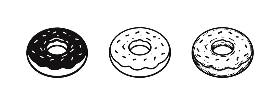 Donut icon set with sprinkles and frosting in solid, outline, and hand-drawn styles, a sweet bakery treat.