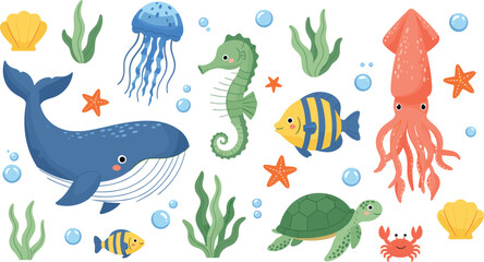 Naklejka premium Cute Underwater Sea Animals Collection with Whale, Seahorse, Jellyfish, Turtle and Squid Cartoon Vector Illustration Set