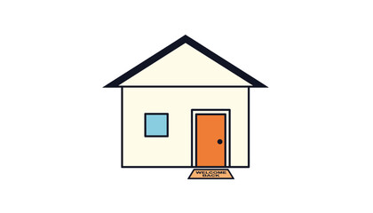 Cozy little house with welcome mat and orange door