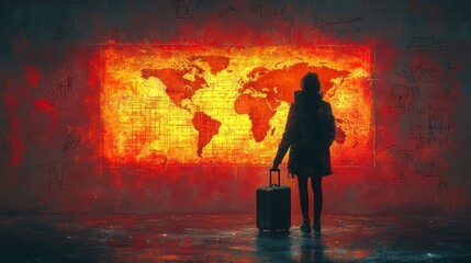 Fototapeta premium Young Woman with Suitcase Standing in Front of Illuminated World Map Wall Art