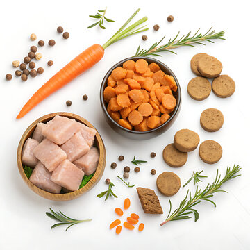A selection of healthy dog food ingredients on a white background