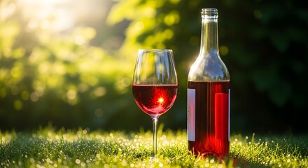 A glass and bottle of red wine are set on a grassy lawn bathed in golden sunlight.