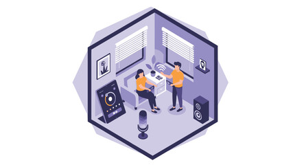 A man and a woman interact with a smart home control panel in a modern, purple-themed isometric living room.