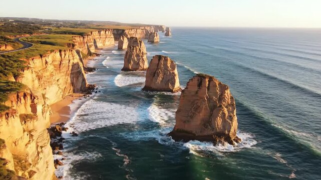 Dramatic coastal cliffs and sea stacks sculpted by ocean waves at sunrise