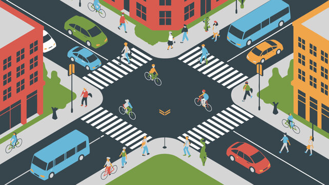 A busy city street intersection with people walking and vehicles driving on a crossroad with buildings and greenery around