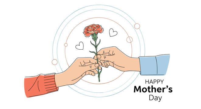 Touching Mother's Day illustration showing a hand giving a single carnation flower to another person as a token of love.