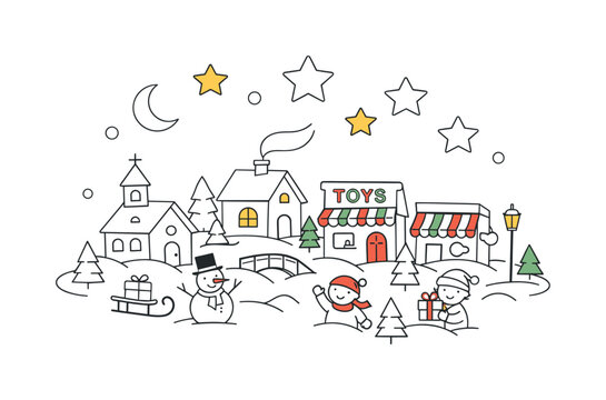Christmas village display. Miniature houses and shops arranged in a winter scene, tiny trees and stars