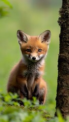 Fototapeta premium Charming Red Fox Cub Curiously Gazing from Behind a Tree Trunk in Its Natural Wilderness Habitat