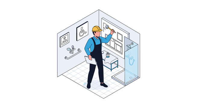 An isometric vector illustration of a builder in a hard hat planning an accessible bathroom with grab bars and a roll-in shower.