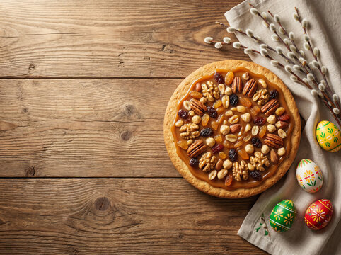Mazurek kajmakowy na drewnianym stole otoczony pisankami i baziami. Wielkanocne tło z miejscem na tekst