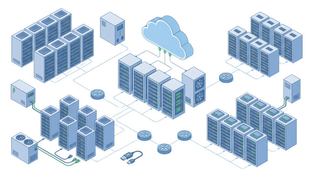 Enterprise Data Center Infrastructure Isometric Vector &ndash; Server Rack Cloud Storage Network System