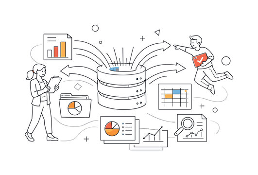 Data Output. Data streams flowing from a central system into organized charts and files, arrows guiding the