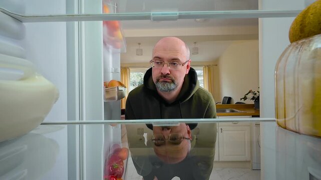 Man opening fridge and staring blankly inside with indifferent expression, view from inside of fridge. Male checking contents while feeling uninterested and passive. Guy standing still and observing