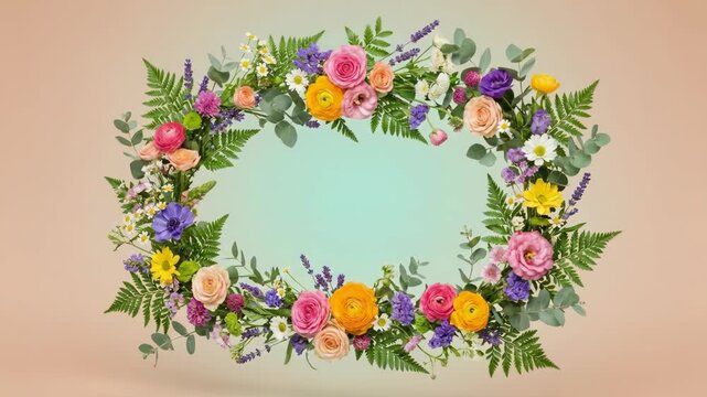Panoramic Floral Frame of Colorful Flowers on Pastel Background with Copy Space
