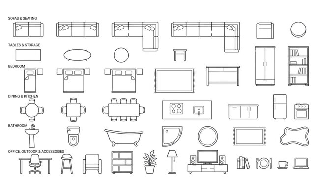 Architectural Furniture and Interior Symbols &ndash; Minimalist Top-Down Floor Plan Vector Set