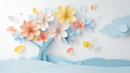 Pastel paper cut floral tree landscape with falling petals background