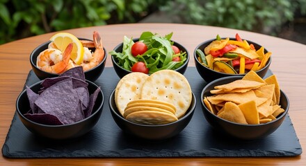 Appetizer Platter Featuring Shrimp, Salad, Roasted Vegetables, Tortilla Chips, and Crackers