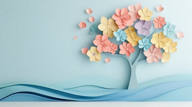 Colorful paper cut flower tree on pastel blue spring background