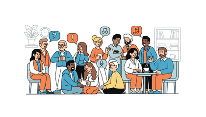 Diverse group of people communicating and collaborating in modern office setting