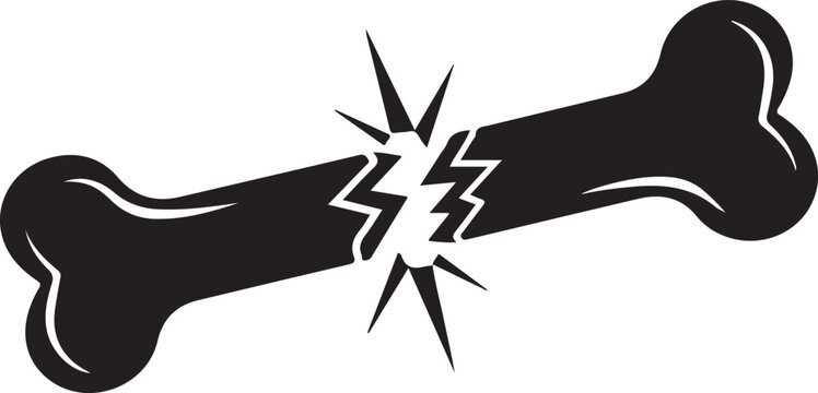 Black silhouette of a bone broken in half with jagged edges and radiating sharp lines, representing fracture or injury