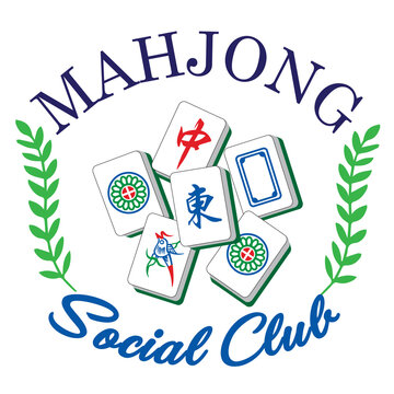 Mahjong Social Club logo design with traditional tiles and laurel wreath, vector illustration.