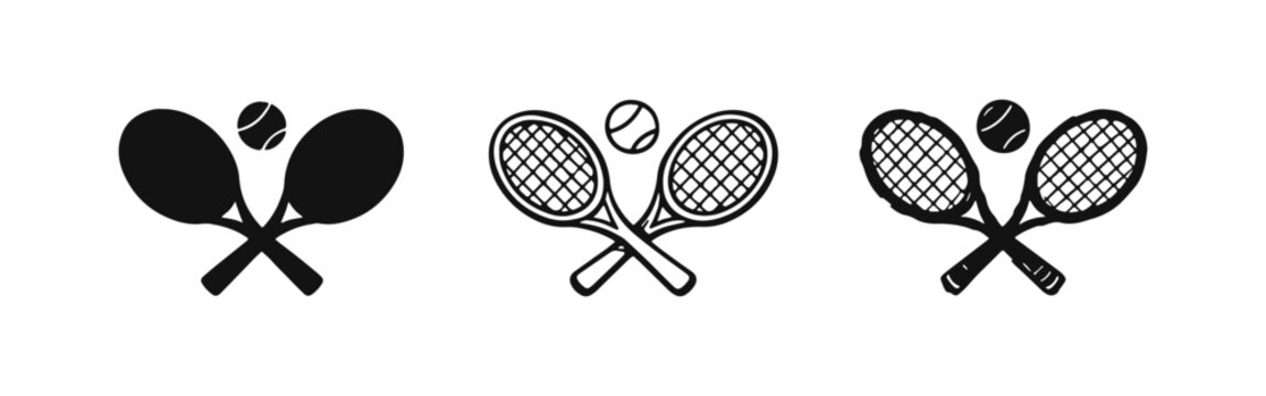 Tennis Rackets and Ball Icon Set in Solid, Outline, and Hand-Drawn Styles