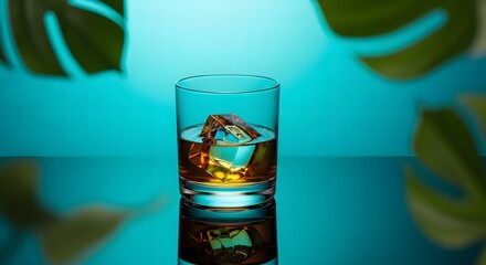 A refreshing glass of amber whiskey with a large ice cube, set against a vibrant turquoise background with tropical leaves.