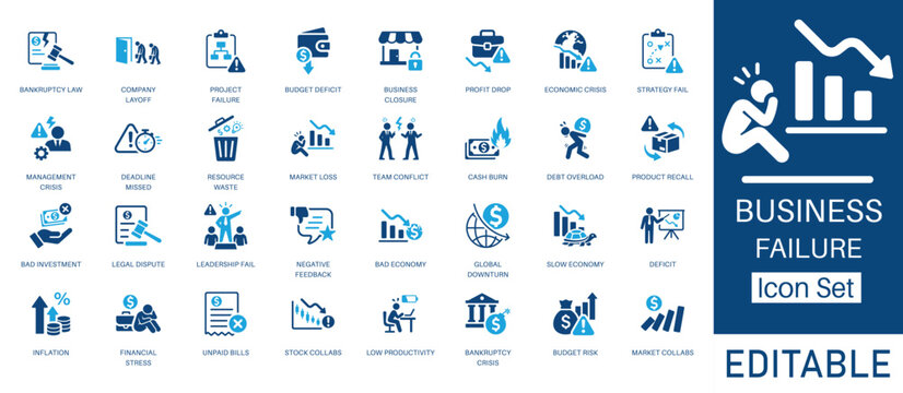 Business Failure and Economic Crisis icon set. Featuring Bankruptcy, project failure, profit drop, Cash Burn, and Market Loss. Solid glyph vector icons for risk management and financial analysis. 