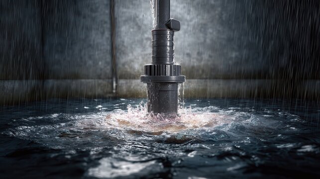 Submersible sump pump operating in heavy rain within a dark basement or drainage pit