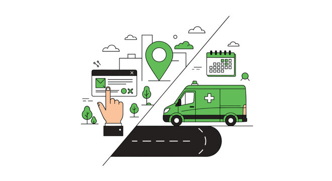 A conceptual illustration shows a hand booking an ambulance online with a map pin and calendar next to the emergency vehicle on a road.