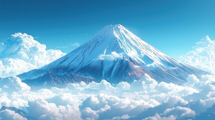Majestic Snow-capped Mountain Peak Surrounded by Fluffy Clouds in Bright Blue Sky
