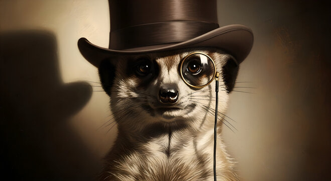 A meerkat wearing a top hat and monocle a whimsical portrait