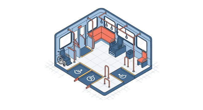 An isometric cutaway illustration shows the interior of a public transit vehicle with accessible features like wheelchair spaces and priority seating.