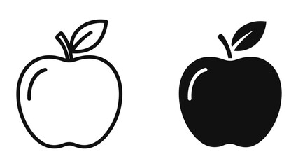Fototapeta premium Apple Icons: Outline and Solid Silhouette of Fresh Fruit with Stem and Leaf