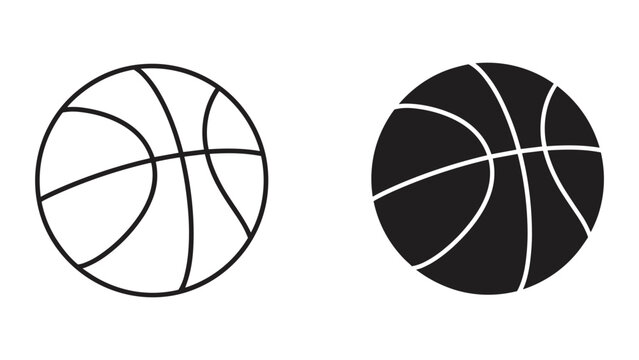 Basketball Icons: Line Art and Silhouette Comparison on White Background