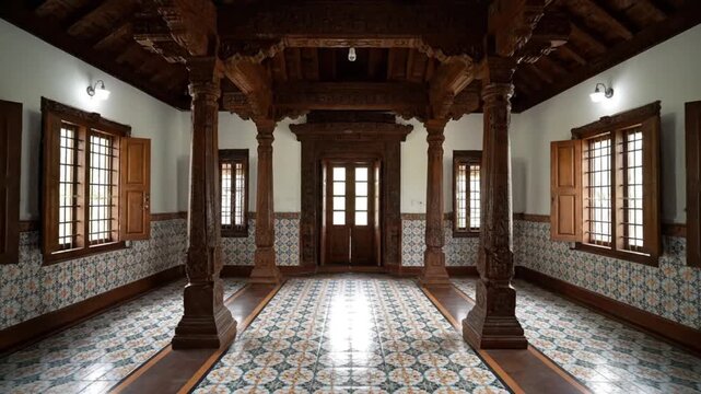 Exploring a Traditional wooden Hallway with Ornate Carved Columns and Tile Floor