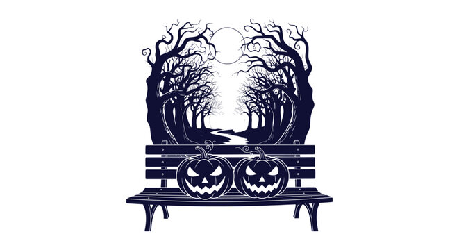 Spooky Halloween Night Forest Path with Jack-O-Lantern Pumpkins on Bench Silhouette Vector
