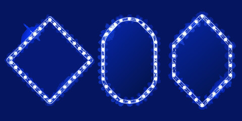 Three glowing frames diamond oval and rhombus shapes on blue