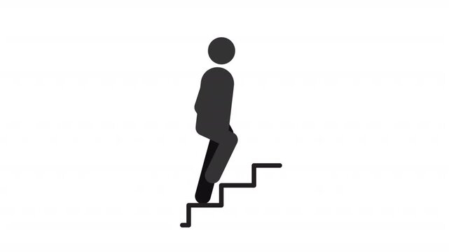 Person going upstairs stickman animation silhouette. Career ladder. Personal development. Steps to success. Simple human stick figure. Solid glyph pictogram HD video. Dynamic person movement