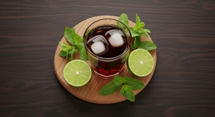 Refreshing Dark Soda with Ice, Lime Wedges, and Fresh Mint Sprigs on a Wooden Board