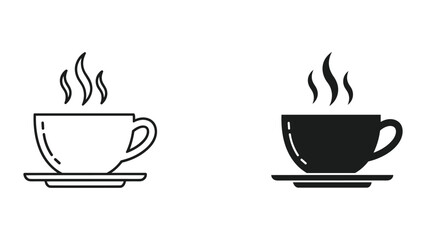 Obraz premium Hot Coffee Cup Icons: Outline and Silhouette with Steam, Isolated on White Background
