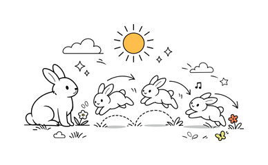 Fototapeta premium Sunny Spring Day with Rabbits. A lively meadow where baby bunnies hop in gentle arcs while a parent watches