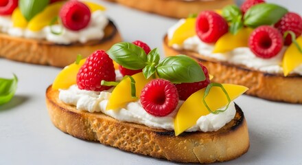 Delicious Fruit Bruschetta Topped with Fresh Raspberries, Mango Slices, and Basil Leaves