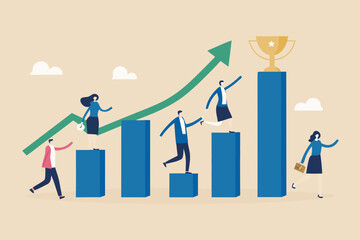 People climbing a bar graph with an upward trending arrow and trophy