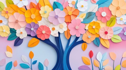 Colorful paper cut flower tree on pastel background spring design