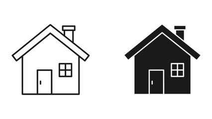 Fototapeta premium Simple Line Art and Solid Silhouette Icons of a House with Chimney and Window