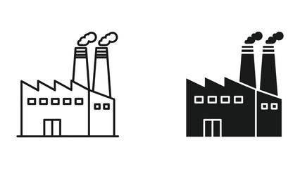 Fototapeta premium Factory Icons: Outline and Solid Filled Industrial Building with Smokestacks Emitting Smoke