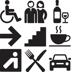 Universal Sign Icons: Wheelchair, Couple, Wine, Car