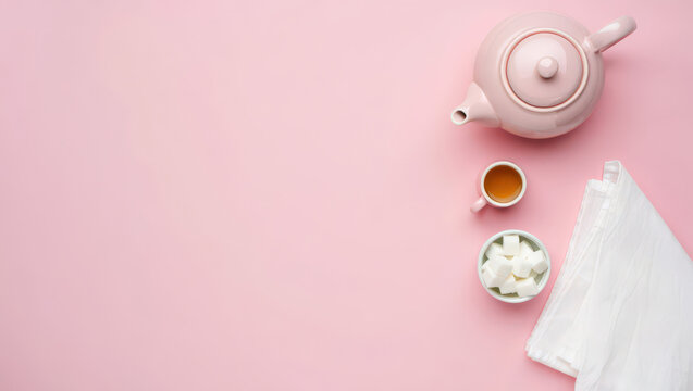 Overhead View of a Pink Teapot, Cup of Tea, Sugar Cubes, and White Napkin on a Light Pink Surface Creating a Serene and Inviting Tea Time Arrangement in a Studio Setting