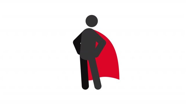 Person in fluttering superhero cape stickman animation silhouette. Defender ready to help. Vigilance and power. Simple human stick figure. Solid glyph pictogram HD video. Dynamic person movement